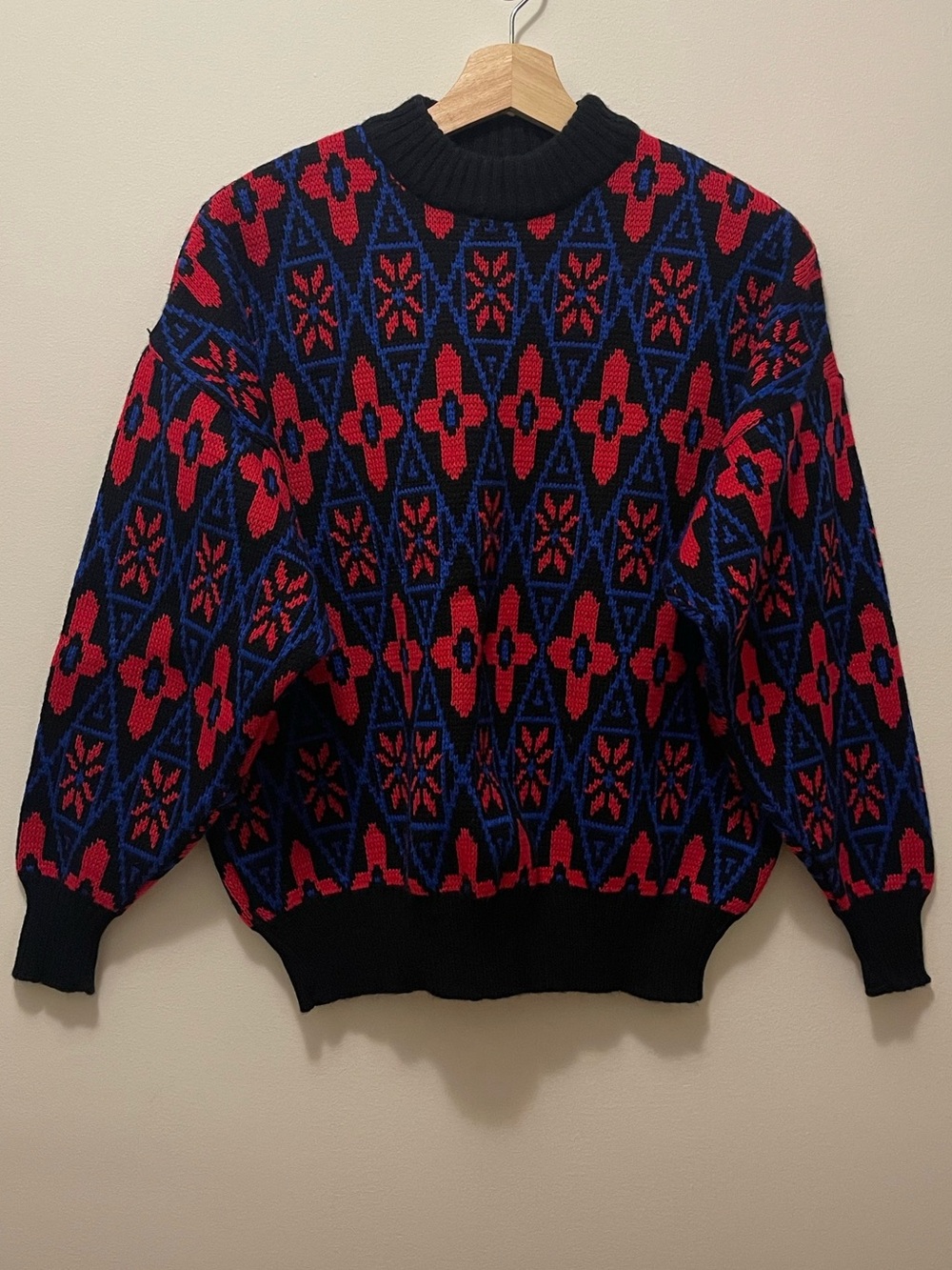 Vintage Red, Black, & Blue Geometric Crewneck Sweater